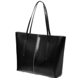 A black leather tote bag with a sleek, modern design.