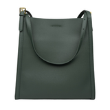 A dark green leather tote bag with a gold buckle strap.