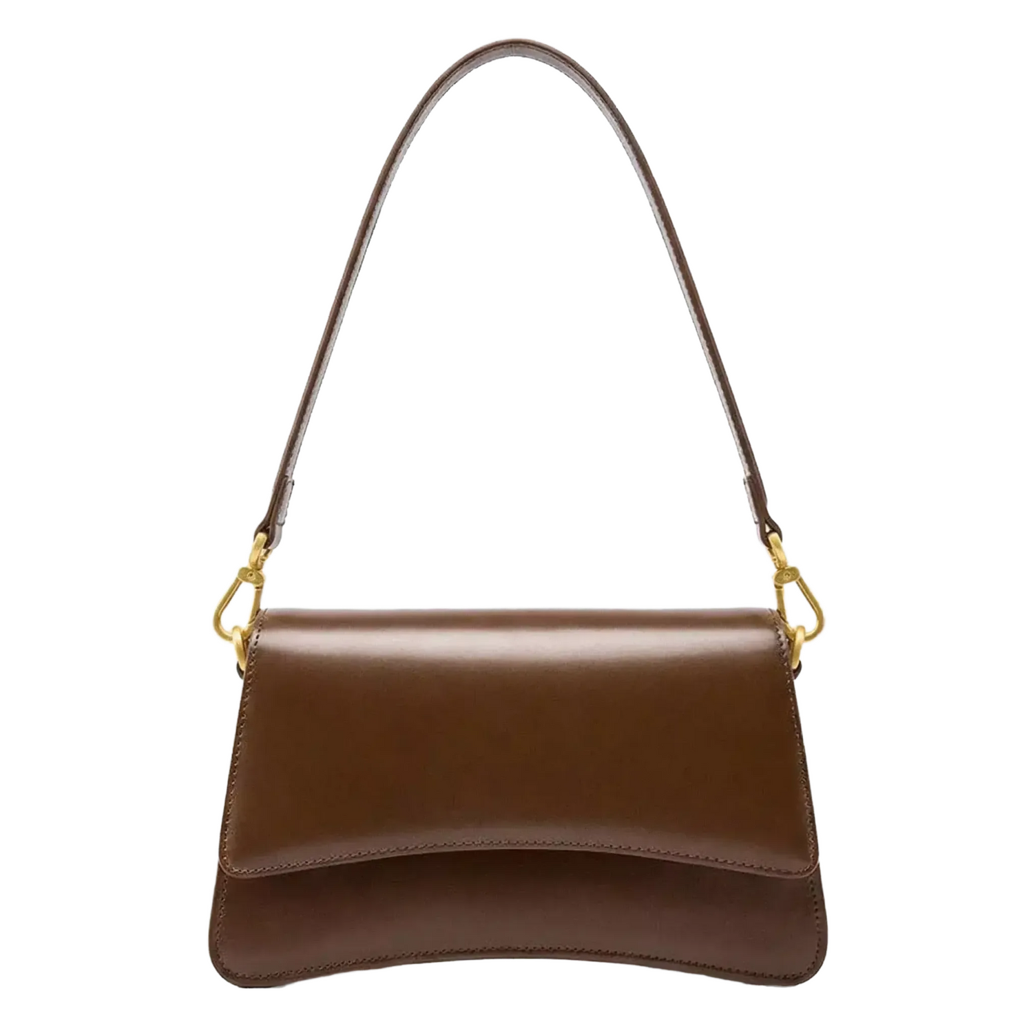 A brown leather handbag with a curved handle and gold hardware.