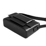 A black leather handbag with a sleek, modern design.