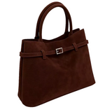 A brown suede handbag with a metal buckle detail on the front.
