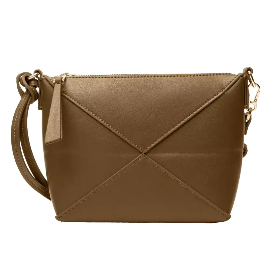 A brown leather crossbody bag with a zipper closure and a gold-colored metal clasp.
