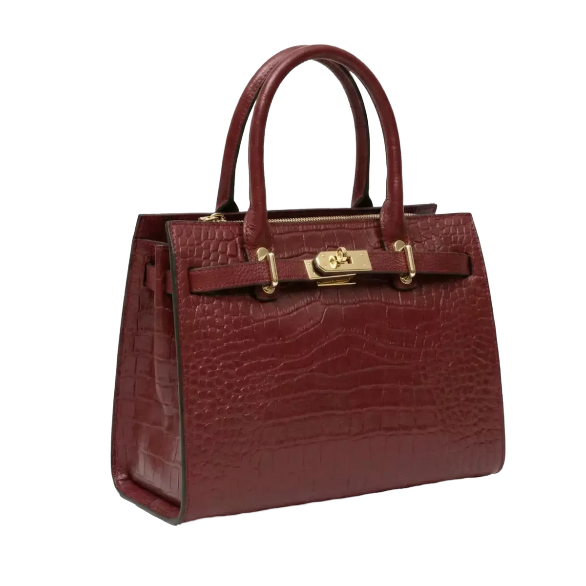 A burgundy leather handbag with a crocodile skin texture and gold hardware, including a lock and clasp.