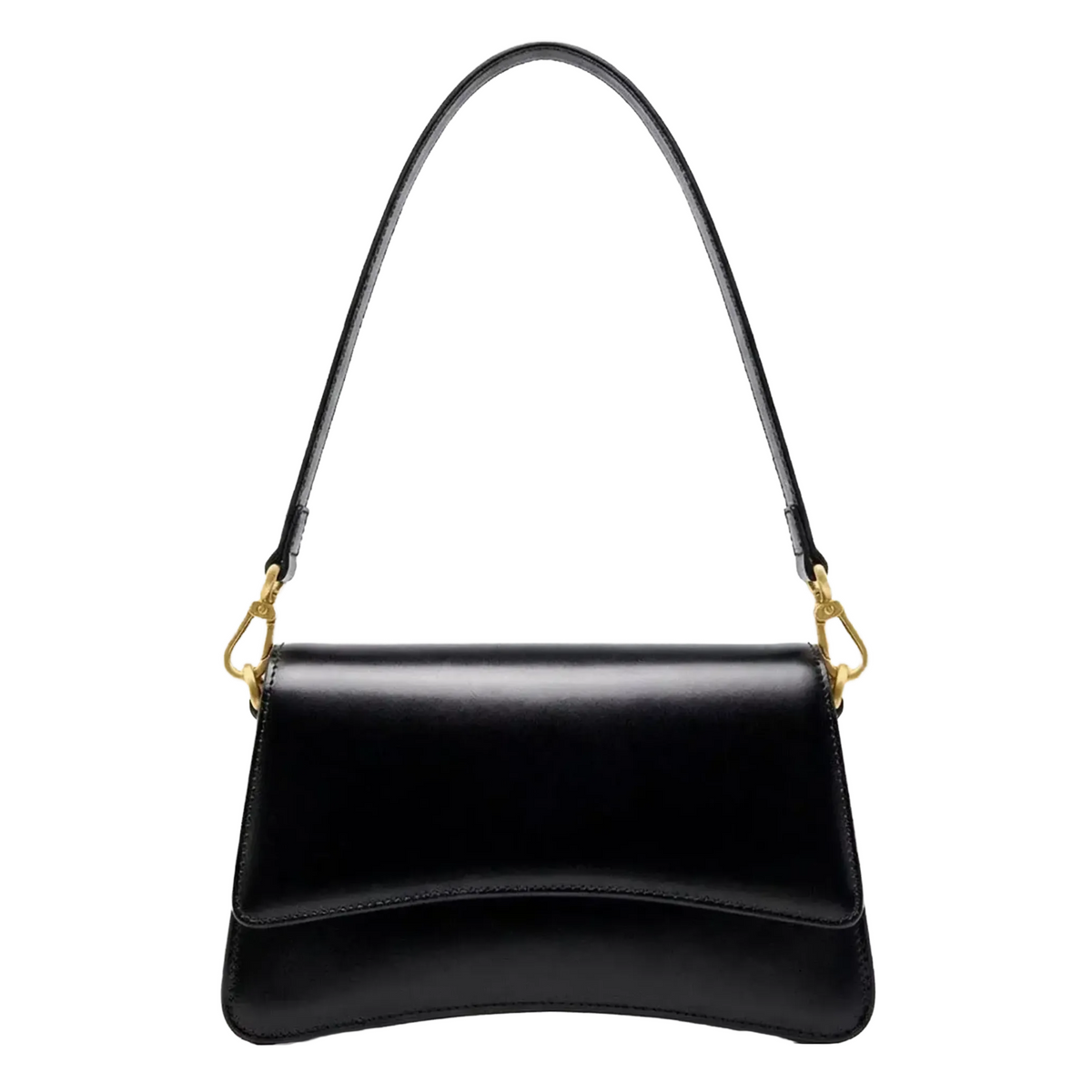 A black leather handbag with a curved handle and gold hardware.