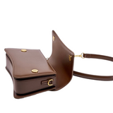 A brown leather handbag with gold hardware, including buckles and clasps, is shown against a white background.