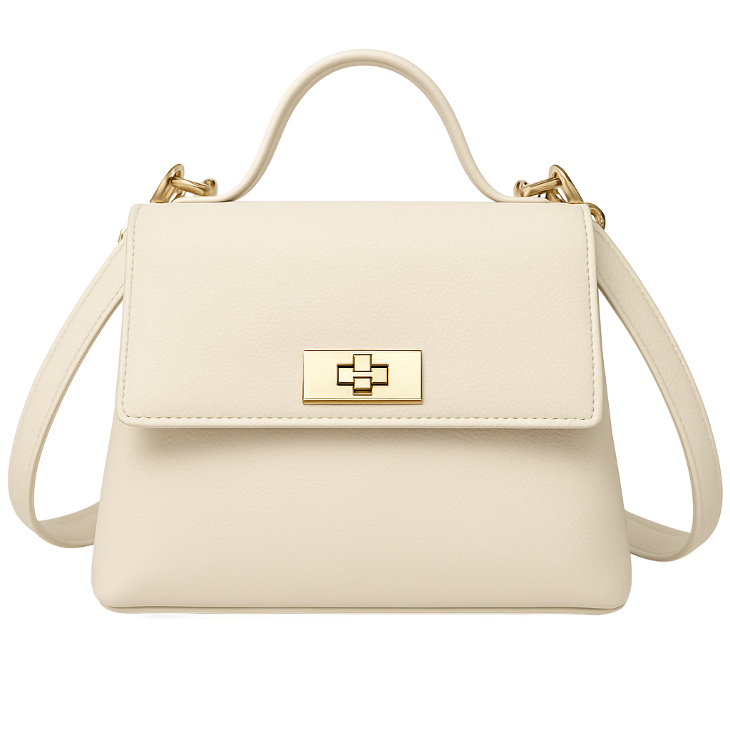 A cream-colored leather handbag with a gold-colored clasp and handle.