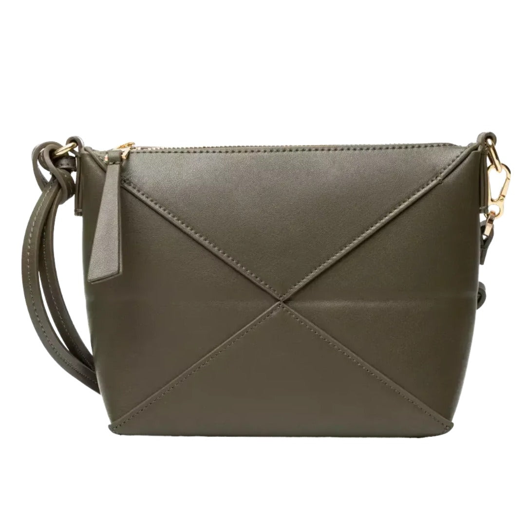 A small, rectangular, leather crossbody bag with a zipper closure and a gold-colored metal clasp.