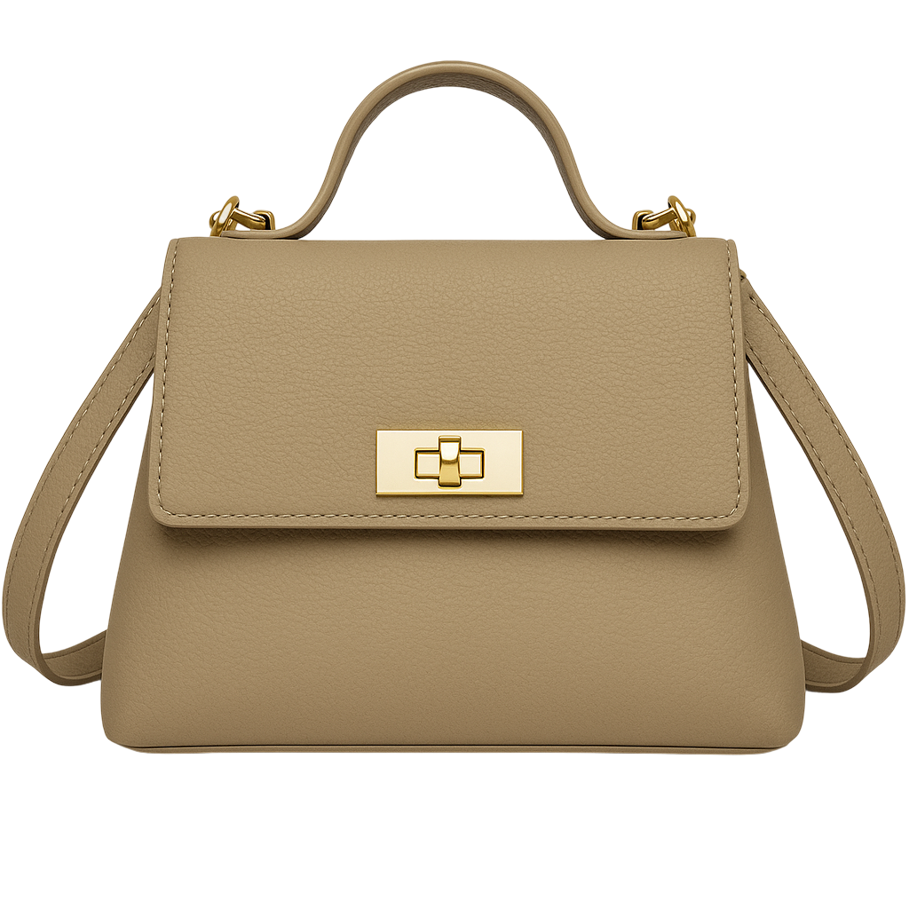 A tan leather handbag with a gold-colored lock and handle.
