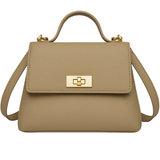 A tan leather handbag with a gold-colored lock and handle.