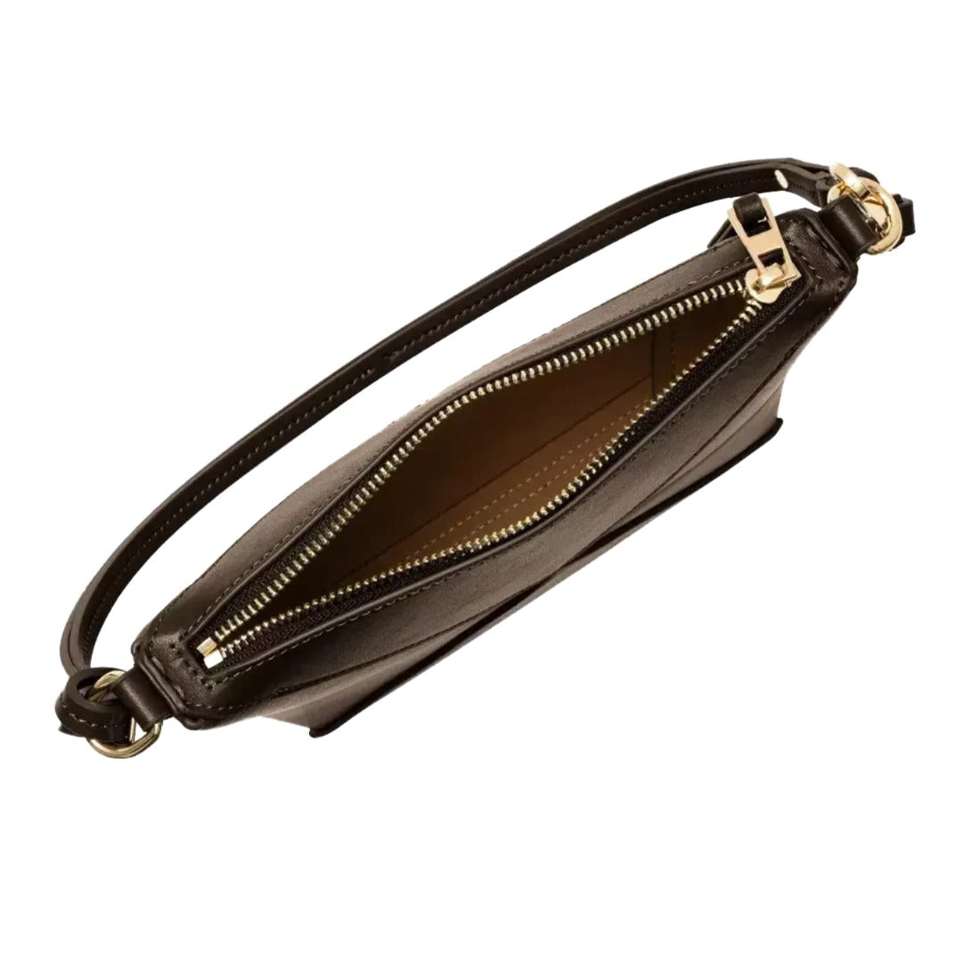 A small brown leather handbag with a zipper closure and a gold-colored metal clasp.