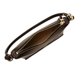 A small brown leather handbag with a zipper closure and a gold-colored metal clasp.