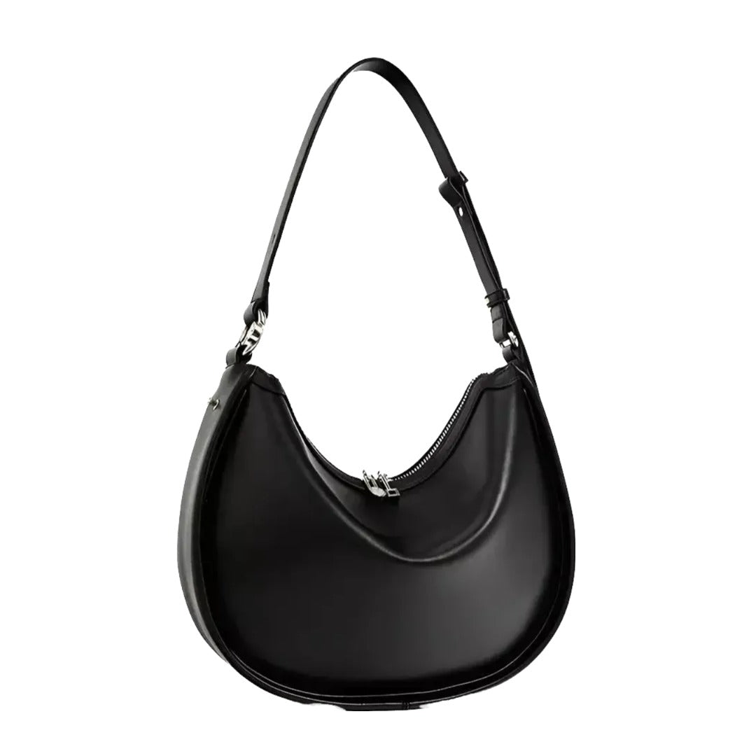 A black leather handbag with a curved shape and a strap.