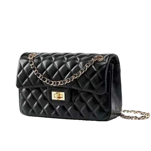 A black quilted leather handbag with a gold chain strap and clasp.