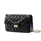 A black quilted leather handbag with a gold chain strap and clasp.