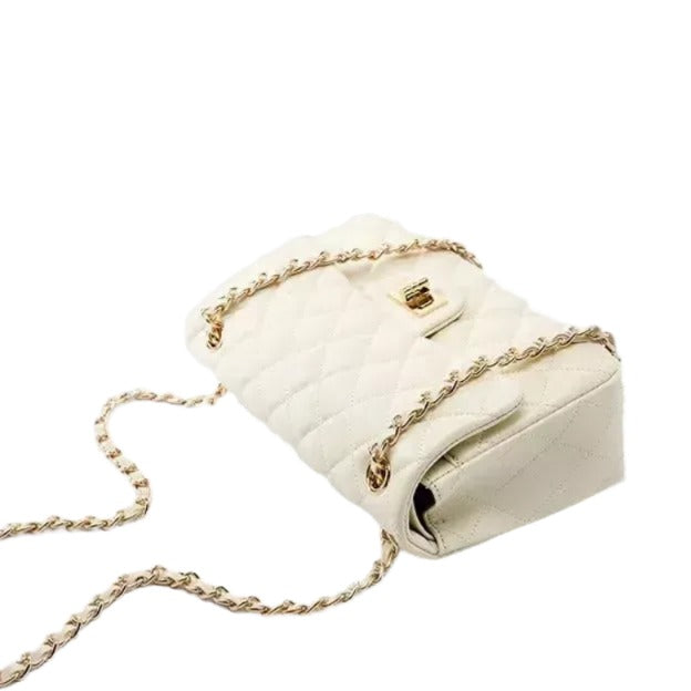 A white quilted handbag with a chain strap and a small gold clasp.