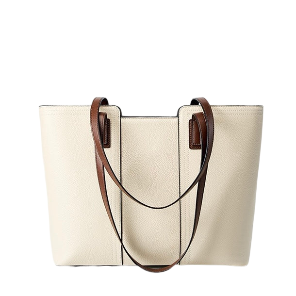 A beige leather tote bag with brown leather straps and handles.