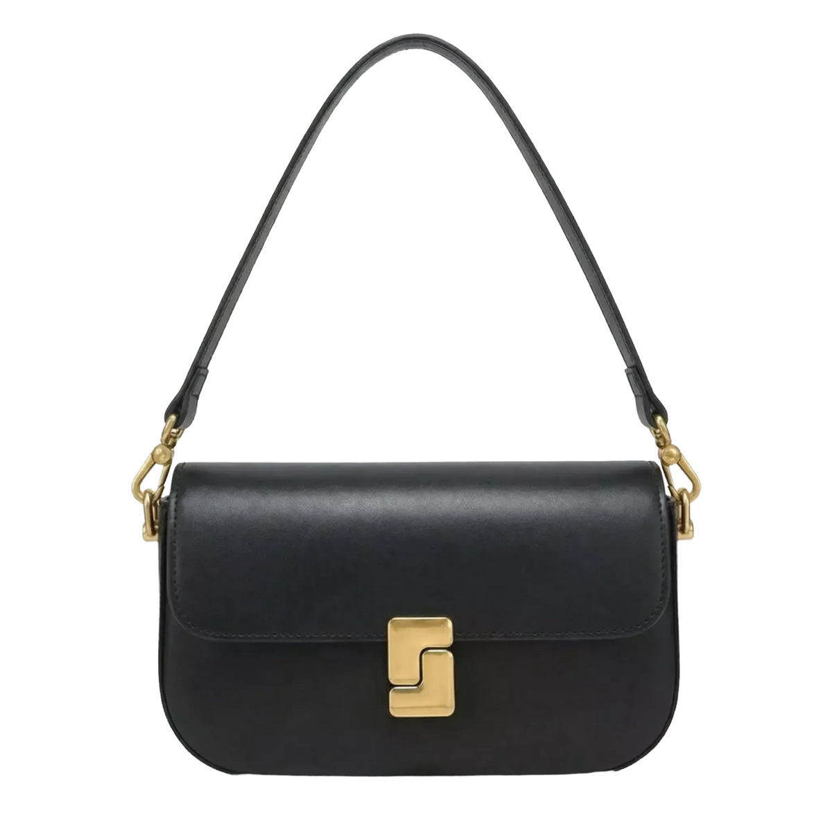 A black leather handbag with a gold-colored clasp and strap.