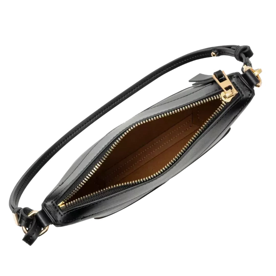 A black leather handbag with a gold zipper and strap.