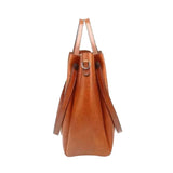 A brown leather tote bag with a curved shape and two shoulder straps.
