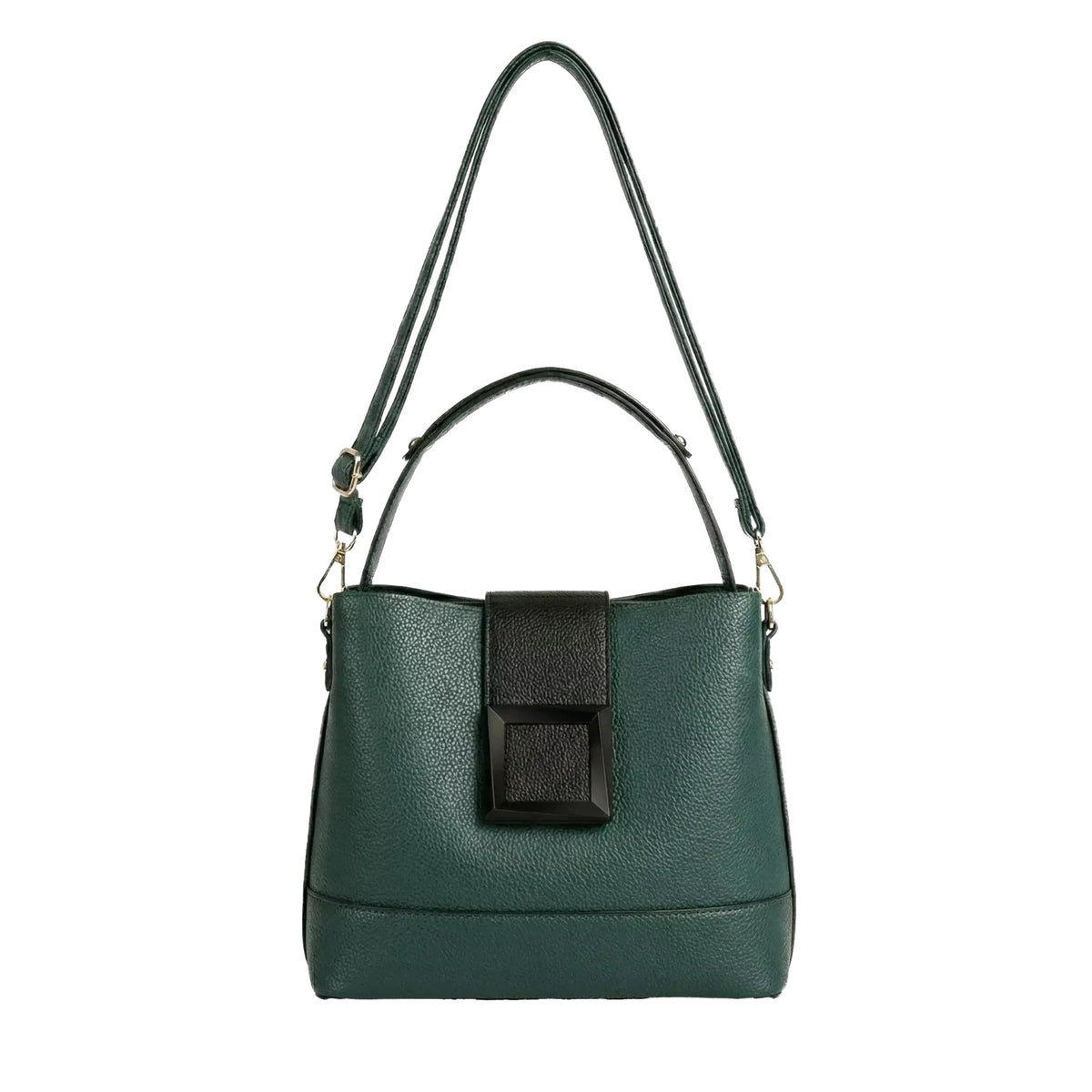 A dark green leather handbag with a black rectangular block on the front.