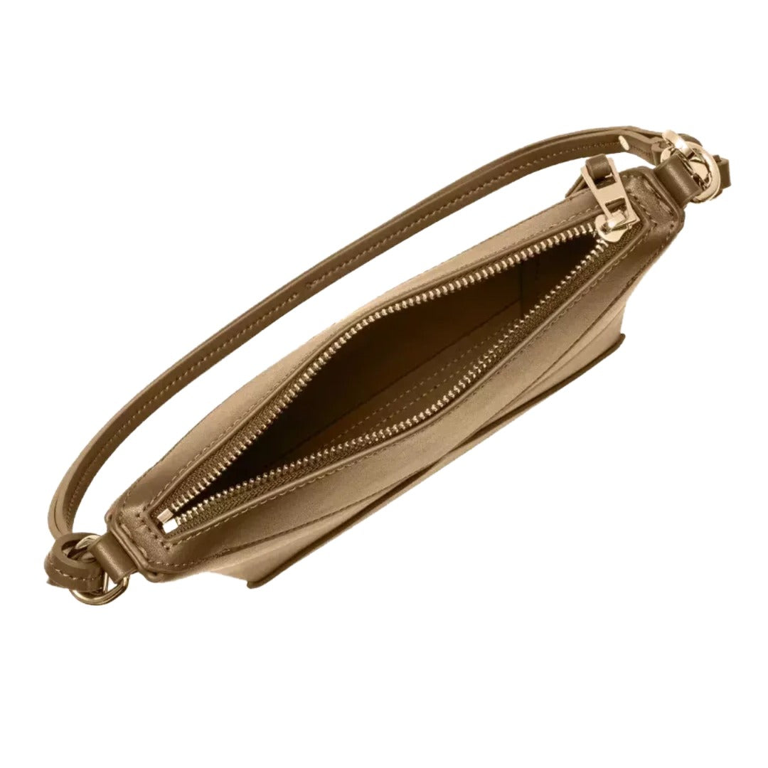 A tan leather handbag with a zipper closure and a metal clasp.