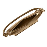 A tan leather handbag with a zipper closure and a metal clasp.