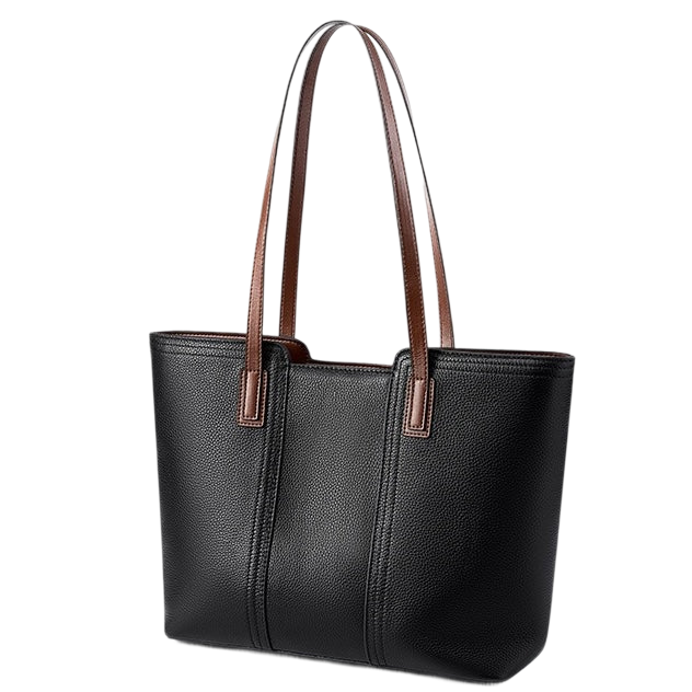 A black leather tote bag with brown leather straps and handles.