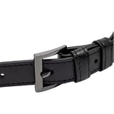 A close-up view of a black leather belt with a metal buckle.