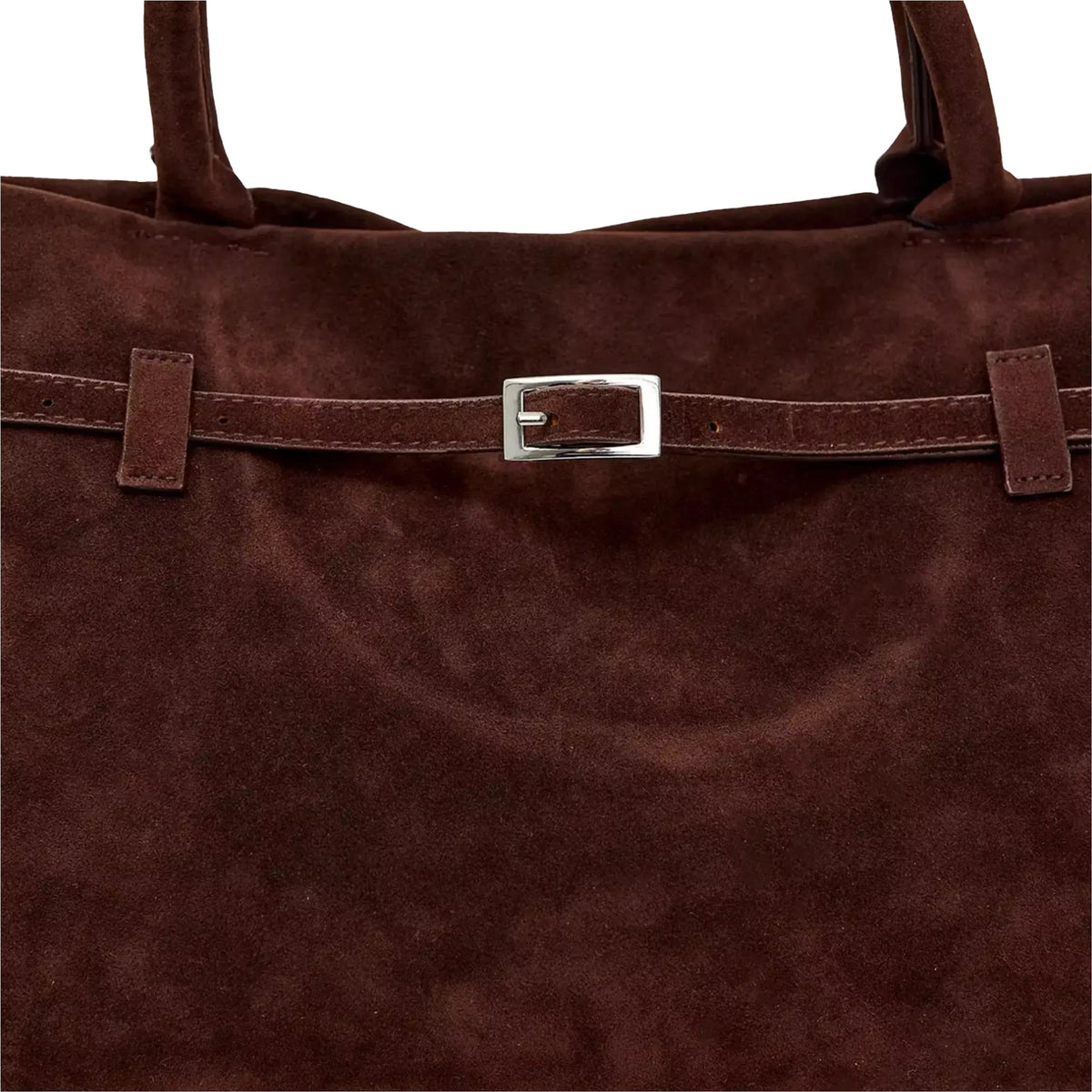 A close-up view of a brown suede handbag with a metal buckle detail.