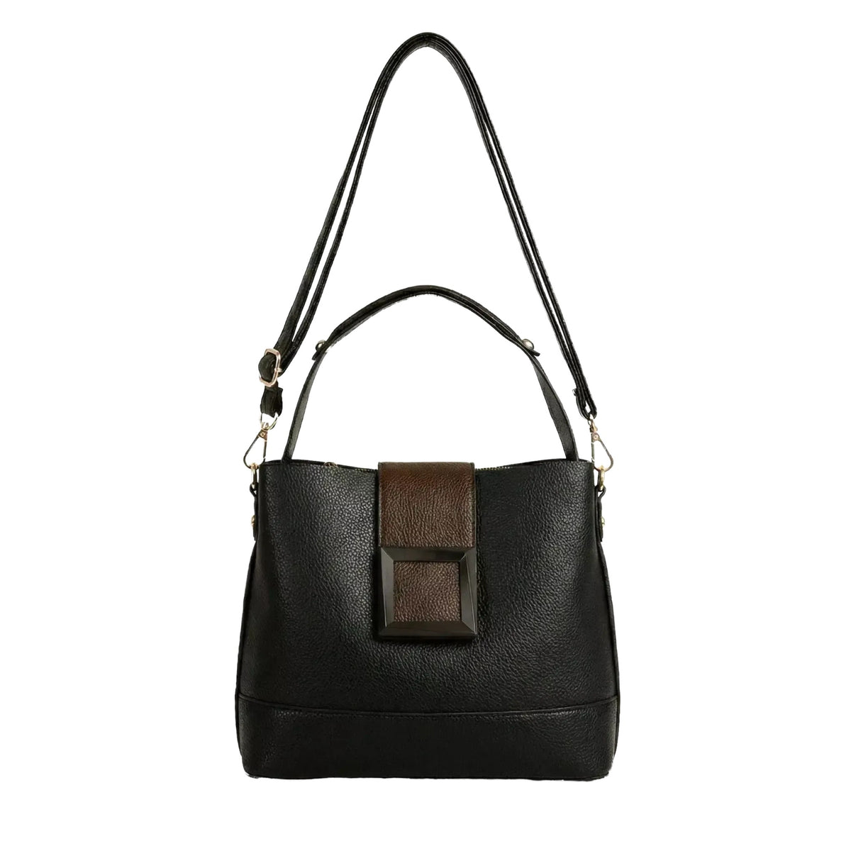 A black leather handbag with a brown leather accent detail and a black strap.