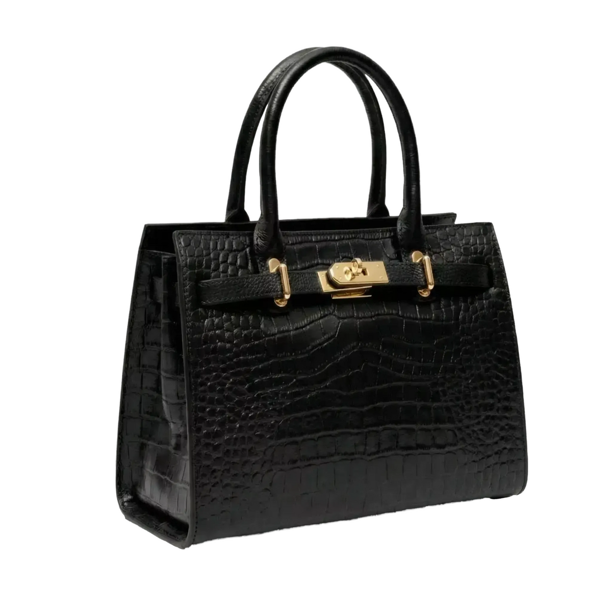 A black leather handbag with crocodile skin texture and gold hardware.