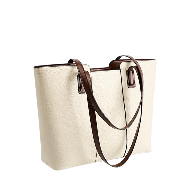 A beige leather tote bag with brown leather straps and handles.
