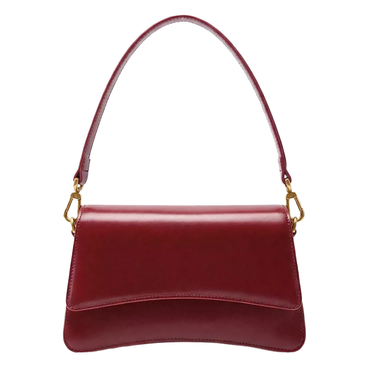 A red leather handbag with a curved handle and gold hardware.