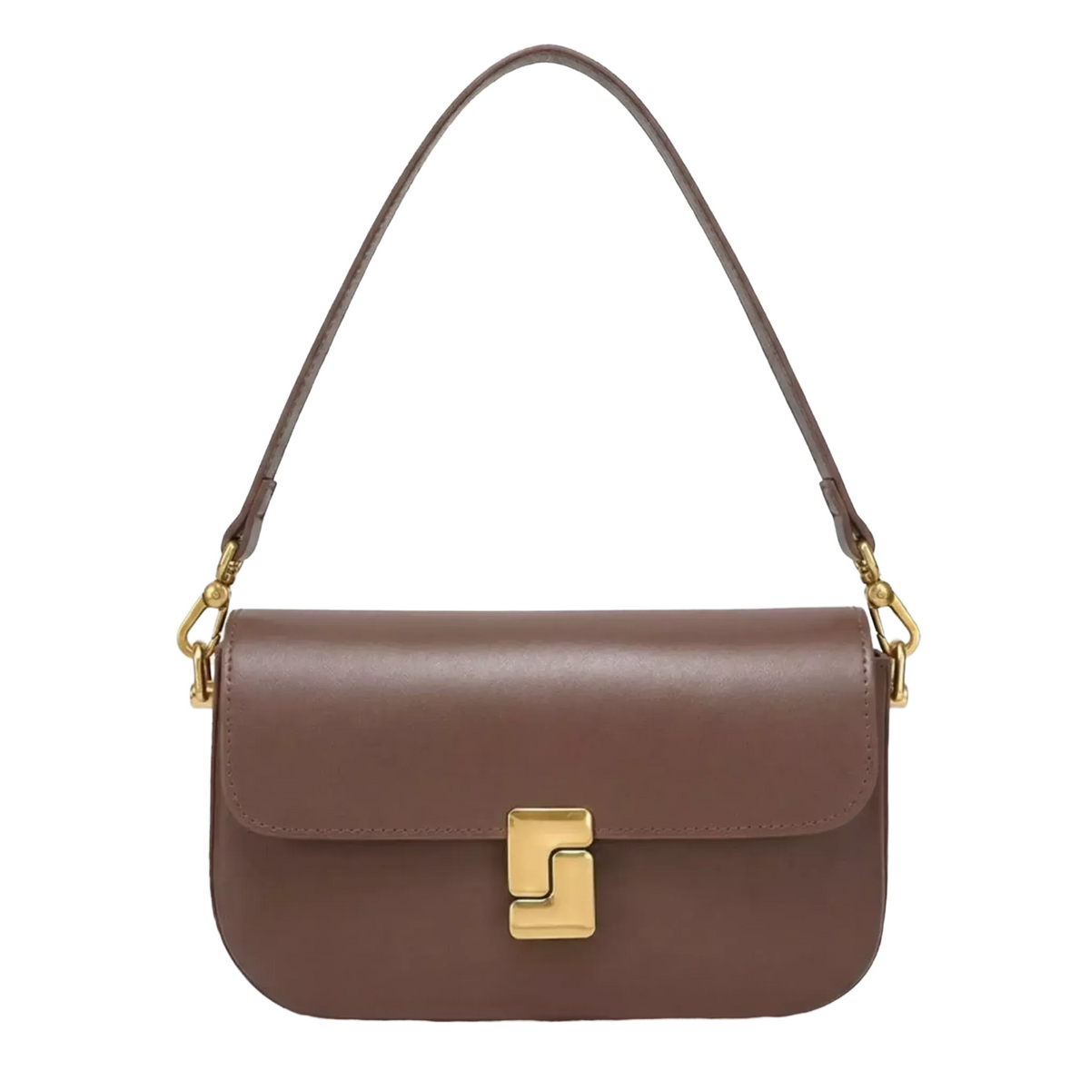 A brown leather handbag with a gold clasp and strap.