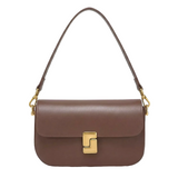 A brown leather handbag with a gold clasp and strap.