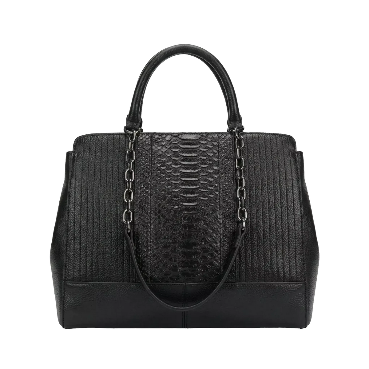 A black leather handbag with a textured pattern and metal chain straps.