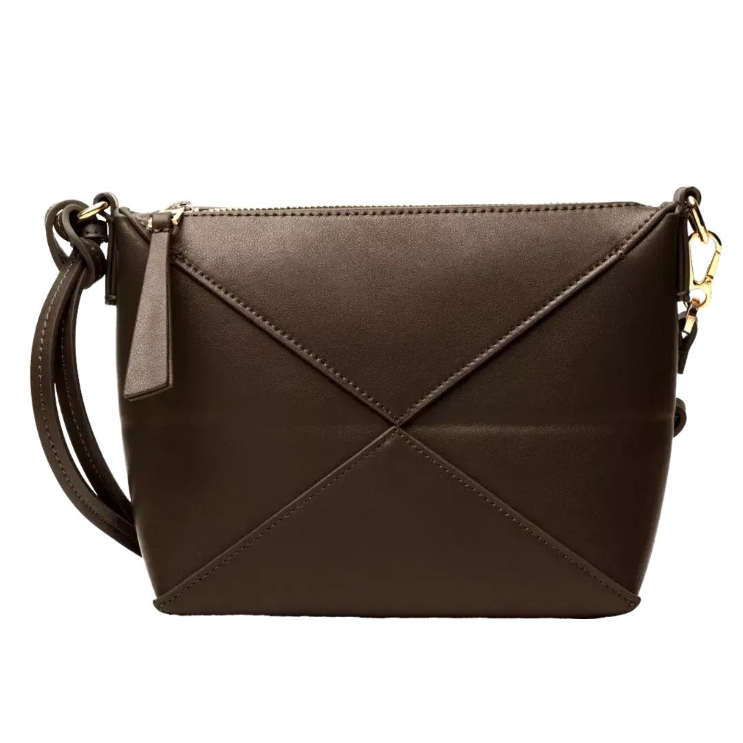 A brown leather crossbody bag with a zipper closure and a gold metal clasp.