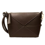A brown leather crossbody bag with a zipper closure and a gold metal clasp.