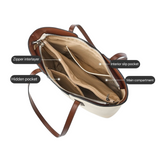 the interior of a tan and brown leather tote bag, with various compartments and zippers visible.