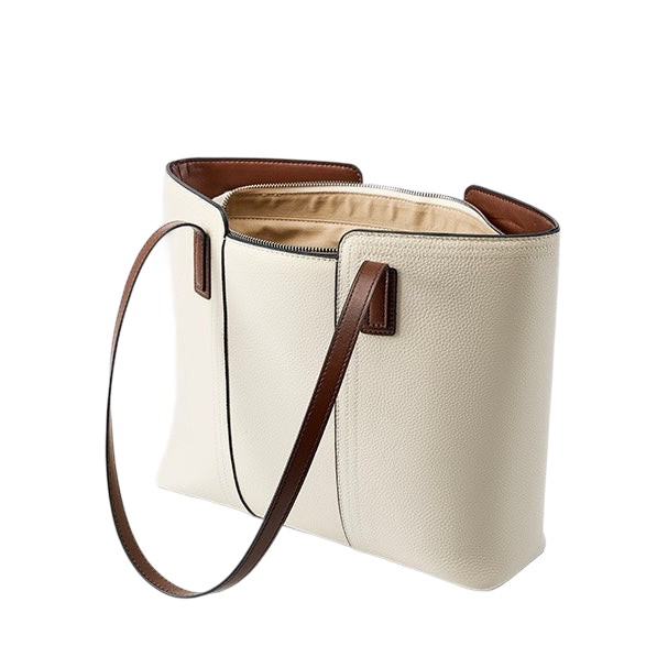 A tan leather tote bag with a brown leather strap and zipper closure.