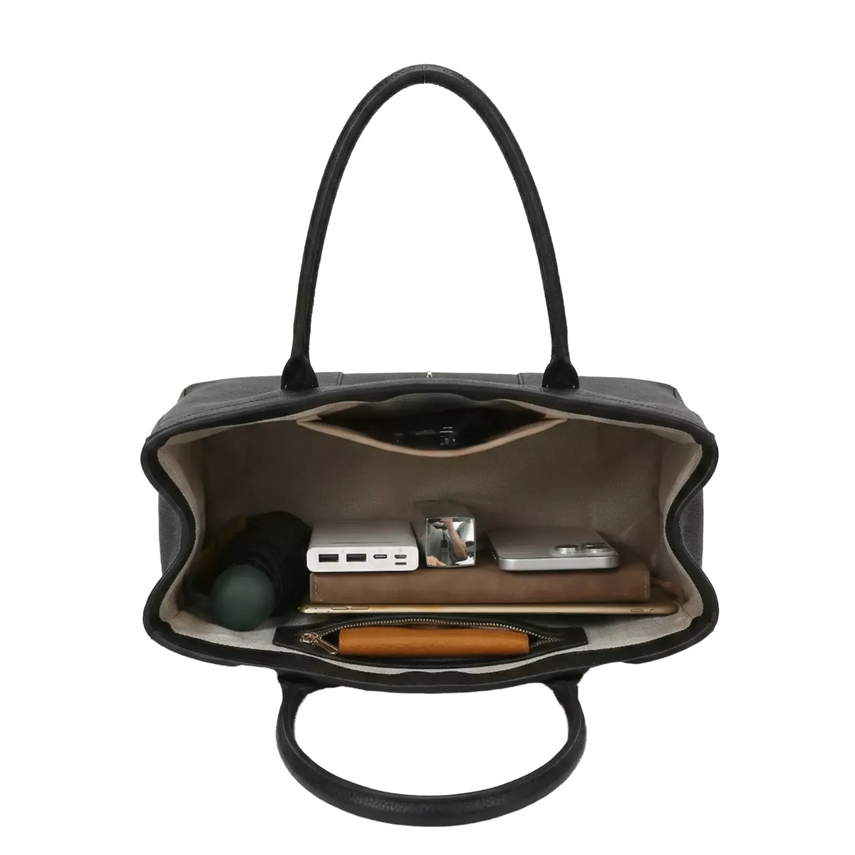 the interior of a black leather handbag with various items, including a white device, a black object, and a brown object, which are neatly arranged inside the bag.