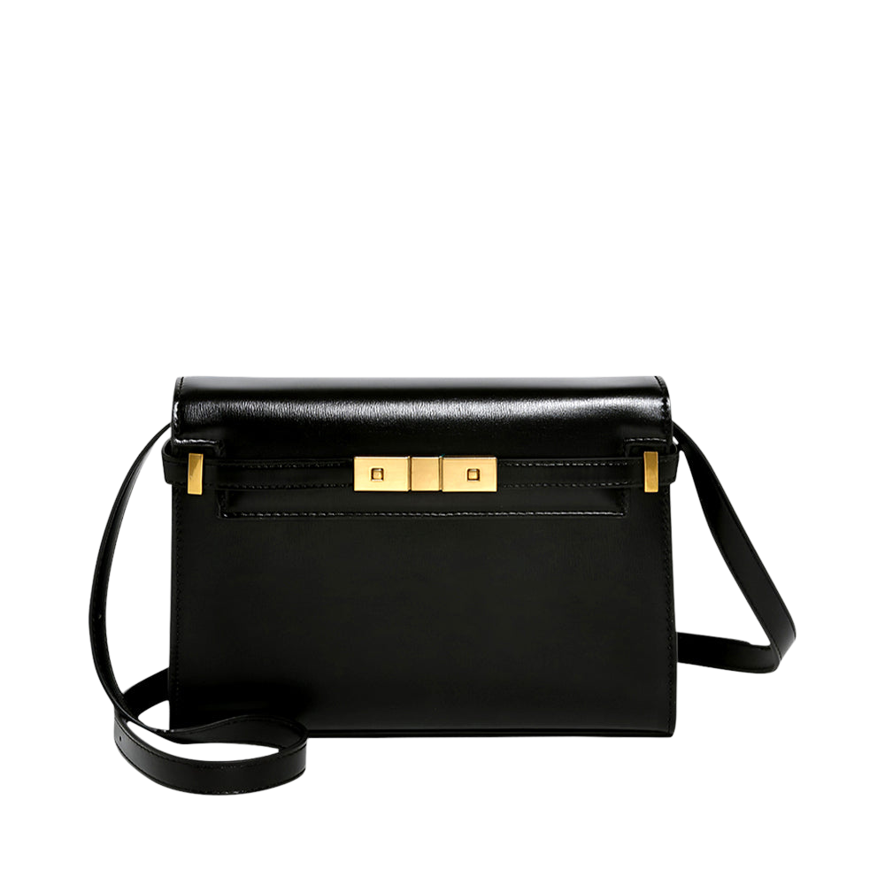 A black leather handbag with gold hardware, including a clasp and two metal studs, is shown against a white background.