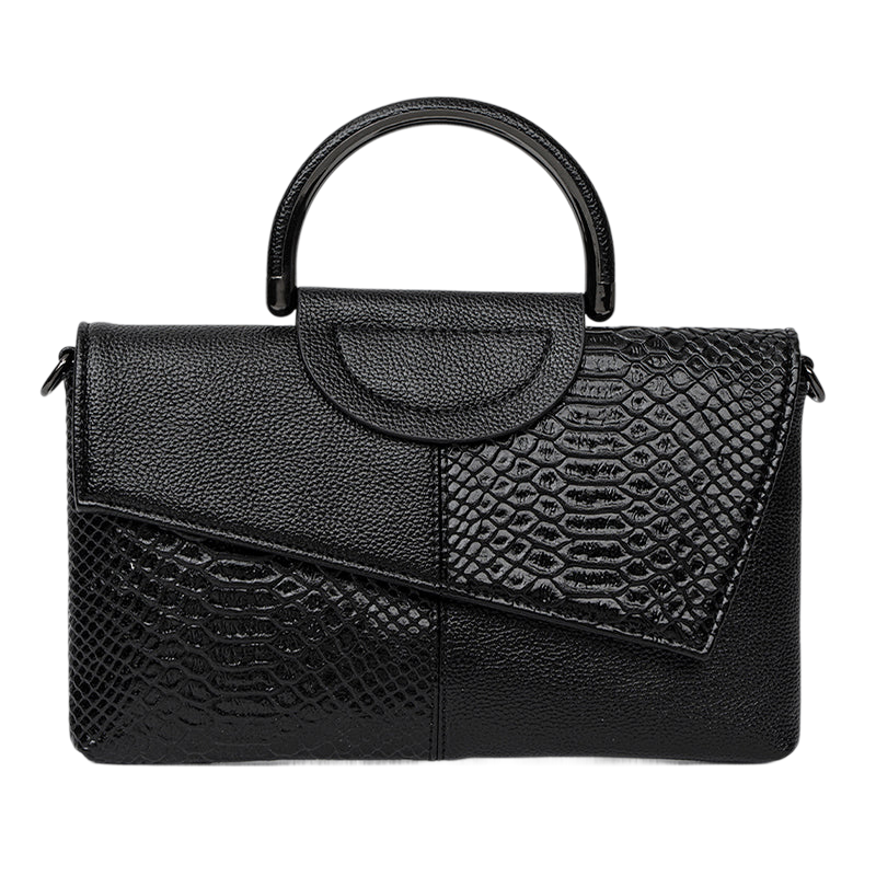 A black leather handbag with a unique pattern of snakeskin and geometric shapes, featuring a curved handle and a flap closure.