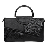 A black leather handbag with a unique pattern of snakeskin and geometric shapes, featuring a curved handle and a flap closure.