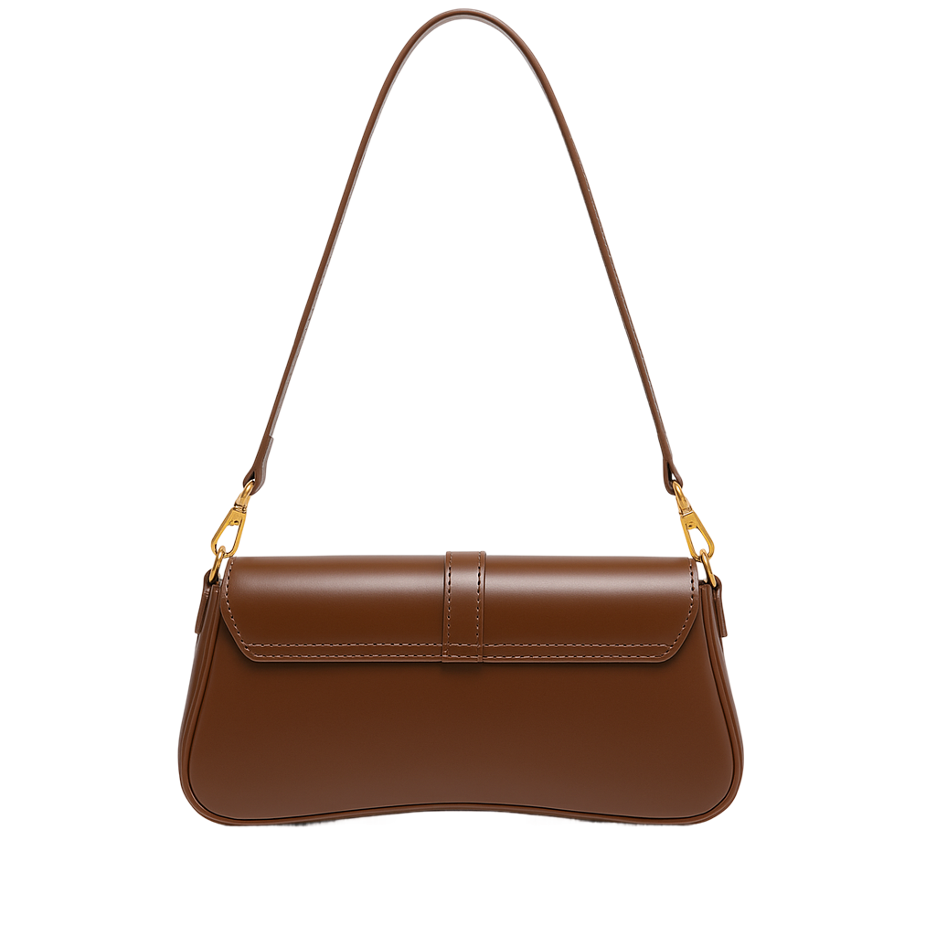 A brown leather handbag with a curved handle and gold hardware.