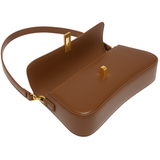 A brown leather handbag with a gold-colored clasp and strap.