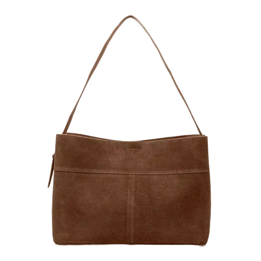 A brown suede shoulder bag with a triangular strap.