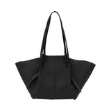 A black leather tote bag with a curved handle and two straps.